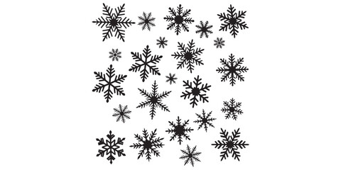 Snowflake silhouette black icon set isolated on white background, simple winter holiday and cold season symbol collection illustration