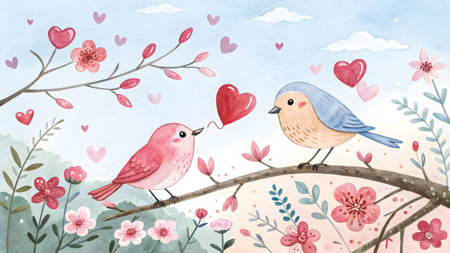 Love Hearts and Cute Birds in Watercolor