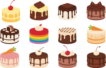 Colorful assorted cake illustrations with frosting and toppings, delicious dessert collection, sweet bakery treats graphic set for design, print and creative projects