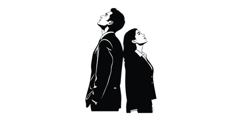 Silhouettes of couple, man and woman, standing business people, looking up, vector, back view, profile, black color isolated on white background, Collection of Black Silhouettes of People in Various