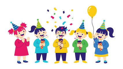 Joyful Gathering: A vibrant cartoon depicts children celebrating with confetti, party hats, and a cheerful balloon, embodying the essence of youthful delight.