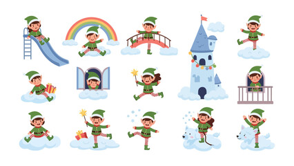 Naklejka premium Whimsical Elves' Playground: A collection of playful elves engaging in various activities on fluffy clouds, creating a vibrant and imaginative scene of joy and wonder.