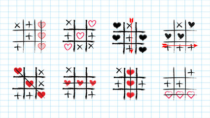 Collection of Tic Tac Toe Games with Xs Hearts and Arrows on Grid Paper background