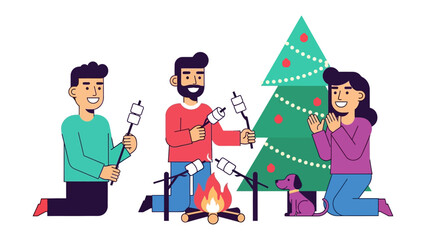 Holiday Gathering: A joyful holiday gathering unfolds as three people roast marshmallows over a crackling bonfire, their faces illuminated with cheer.