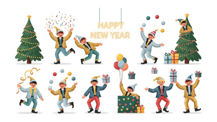 Joyful New Year Celebration: festive scene of new year celebrations, featuring figures in party hats and confetti, juggling, and sharing gifts.