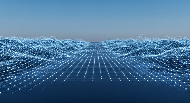 Explore the future with this vibrant grid network landscape, perfect for modern tech presentations or innovative digital projects, offering a unique, dynamic perspective