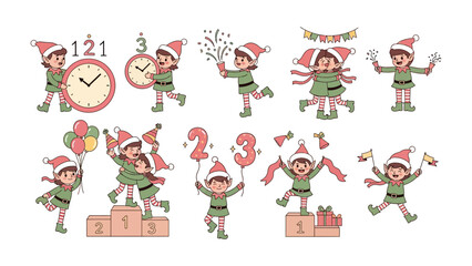 Festive Elf Set: A collection of charming cartoon elves in various celebratory poses and actions, set against a cheerful backdrop of celebratory elements and symbols.