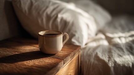 Morning Ritual: A steaming mug of coffee sits serenely on a wooden surface, beside a cozy bed. The soft light and shadows create a warm atmosphere and evoke the comfort of a peaceful morning.