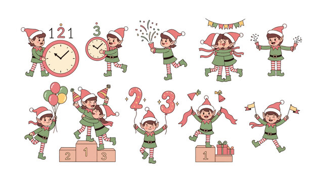 Festive Elf Set: A collection of charming cartoon elves in various celebratory poses and actions, set against a cheerful backdrop of celebratory elements and symbols.