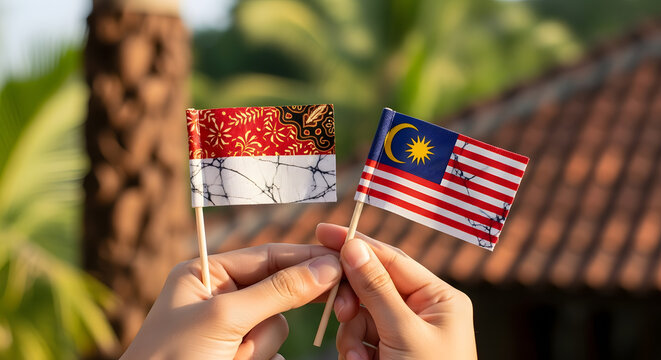 Hands Holding Indonesian Batik Flag and Malaysian Flag Together - Southeast Asia Friendship and Bilateral Relations Concept