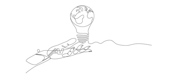 One Line Hand Holding Earth Lightbulb