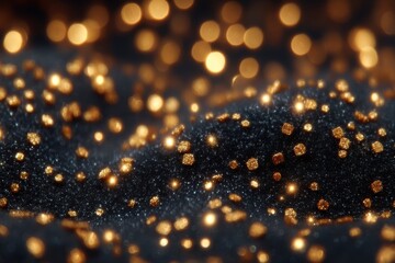 Golden glitter cubes on dark velvet texture, mysterious and luxurious background ideal for design, jewelry ads, or fantasy visuals