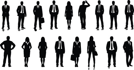 Professional business silhouettes of diverse corporate men and women standing in various poses for modern office and branding design projects