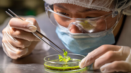 Scientist carefully handles small green plant specimen with tweezers in laboratory image