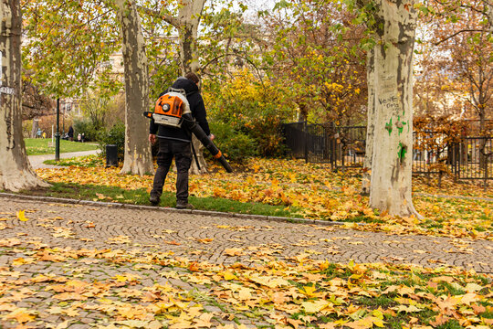 Prague, Czech republic - November 22, 2025: Stihl Professional gardener using a backpack leaf blower for park maintenance in autumn. Clearing fallen foliage from green spaces