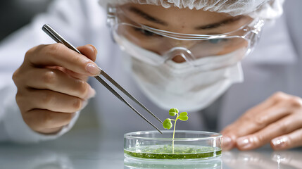 Scientist examining green seedling with tweezers in petri dish lab coat