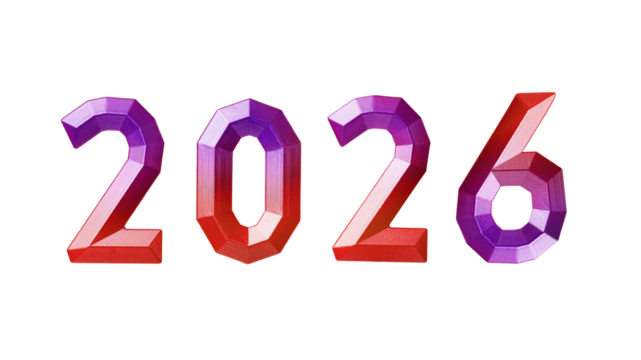 Gradient purple and red numbers forming year 2026 on transparent background
