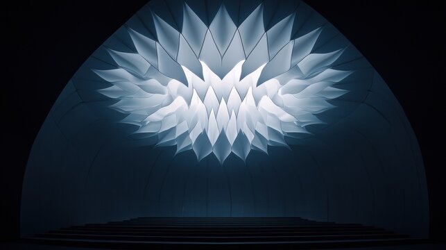 A large, white, flower-like structure hangs from the ceiling of a dark room.