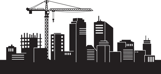 Cityscape Silhouette with Construction Crane and Buildings urban skyline