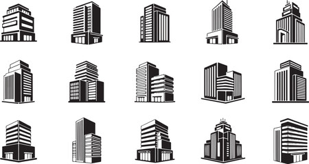 Collection of Black and White Building Icons for Architecture and City Design skyscraper