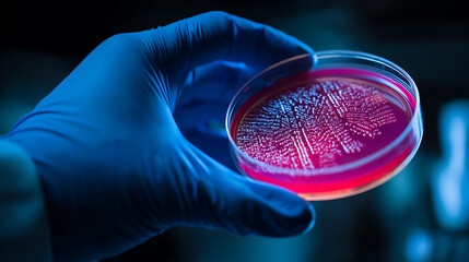 Scientist holding petri dish with pink agar and bacterial colonies hand blue glove