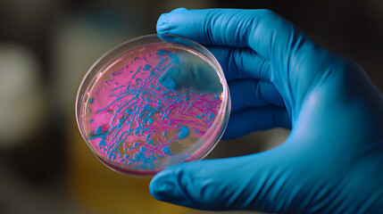Scientist holding petri dish with colorful bacterial cultures hand blue glove