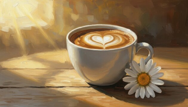 Oil painting of a cup of coffee with heart latte art beside a daisy flower bathed in warm morning sunlight symbolizing comfort, warmth, and serenity for a peaceful day