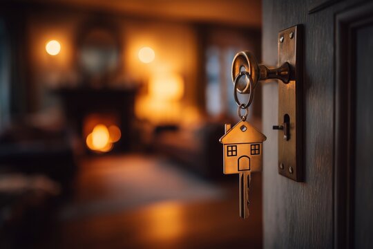 Keys Hanging in a Door Lock With a Cozy Living Room in the Background at Evening Time - Powered by Adobe