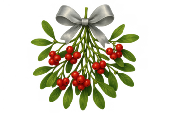 Mistletoe bunch with red berries and silver bow, hanging christmas decoration, traditional holiday plant for kissing