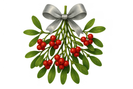 Mistletoe bunch with red berries and silver bow, hanging christmas decoration, traditional holiday plant for kissing