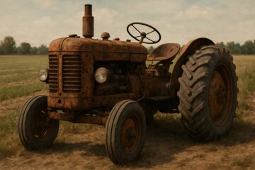 Obraz premium Rusty vintage tractor standing abandoned in a rural field, representing farming history, hard work, and agricultural heritage