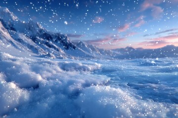 Snowy landscape under pink dusk sky, dreamy winter valley radiating calm and introspection, perfect for travel or mindfulness visuals