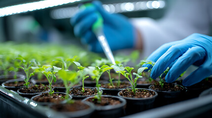 Scientist tending to seedlings under laboratory lights plants growth