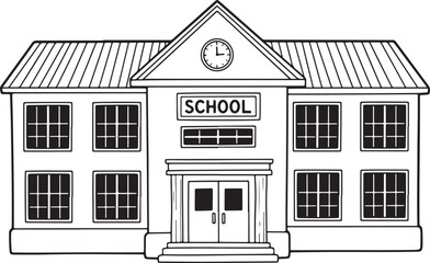 Hand-drawn black and white illustration of a school building with a clock education
