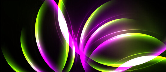 Abstract design features vibrant glowing curves, contrasting colors against dark background. Dynamic composition creates modern visual impact.