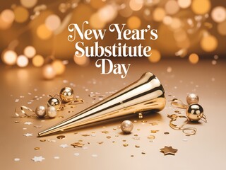 A golden party horn and scattered confetti celebrate the festive occasion of new year s substitute day