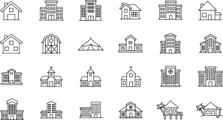 Obraz premium Outline Icons of Various Buildings and Structures on White Background line art house