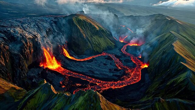 Volcanic lava flow in mountainous terrain