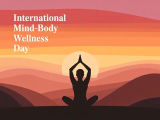 Silhouette meditating in lotus pose against a vibrant sunset celebrating international mind body wellness day