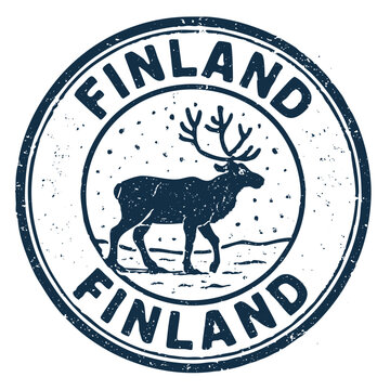 Finland grunge rubber stamp illustration with reindeer in winter snow