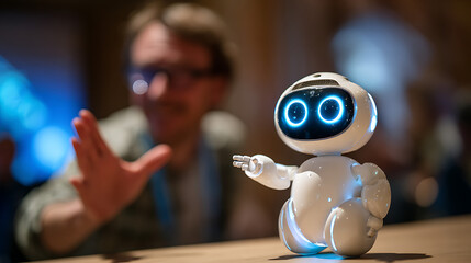 Small white robot with glowing blue eyes interacting with a person artificial intelligence technology
