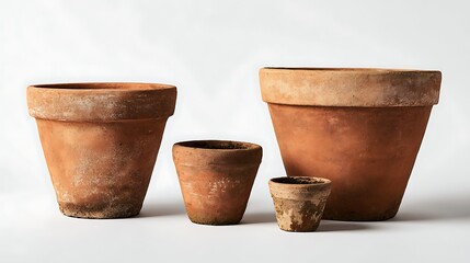 Awesome photo of four rustic terracotta plant pots of varying sizes arranged on a white background.