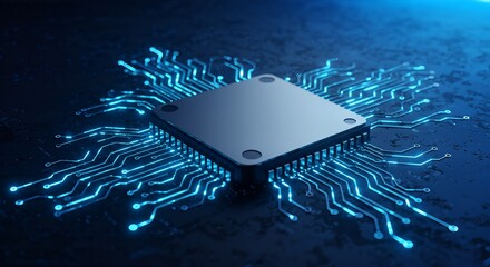 Modern CPU Microchip with Glowing Blue Light Trails for Innovative Tech Designs and Cutting-Edge Technology Visuals, Ideal for Digital Transformation Marketing