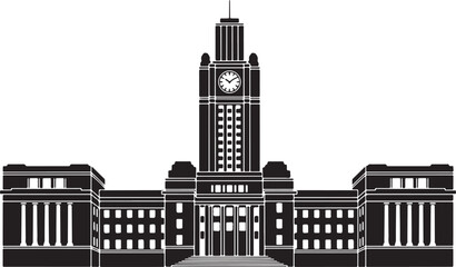 Obraz premium Silhouette of a grand building with a tall clock tower and columns architecture