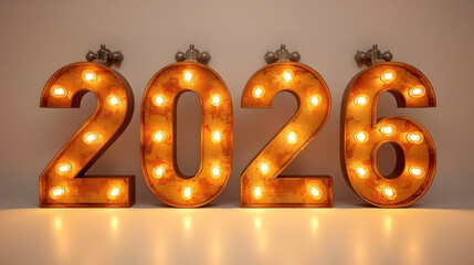 Illuminated marquee numbers displaying the year 2026