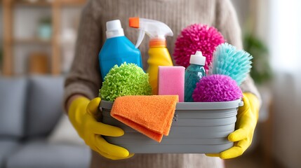 Awesome photo of person wearing yellow gloves holding a bucket of cleaning supplies.