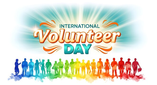 International volunteer day celebration banner with diverse group silhouettes