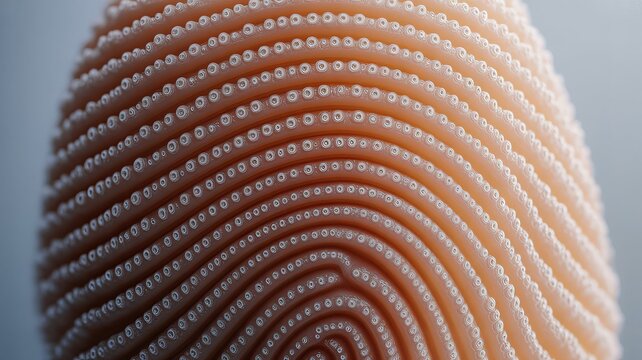 Fingerprint Close-Up: An intricate close-up showcases the unique pattern of a fingerprint, symbolizing individuality and identity, with the fine lines and ridges meticulously detailed.