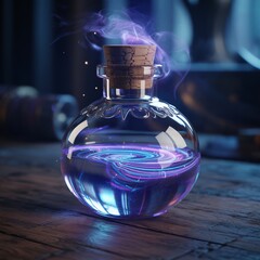 Obraz premium Cinematic fantasy photograph of an ornate glass potion bottle containing a swirling galaxy