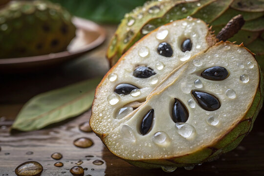 Overhead Shot of cherimoya  visible Water Drops. Close up.